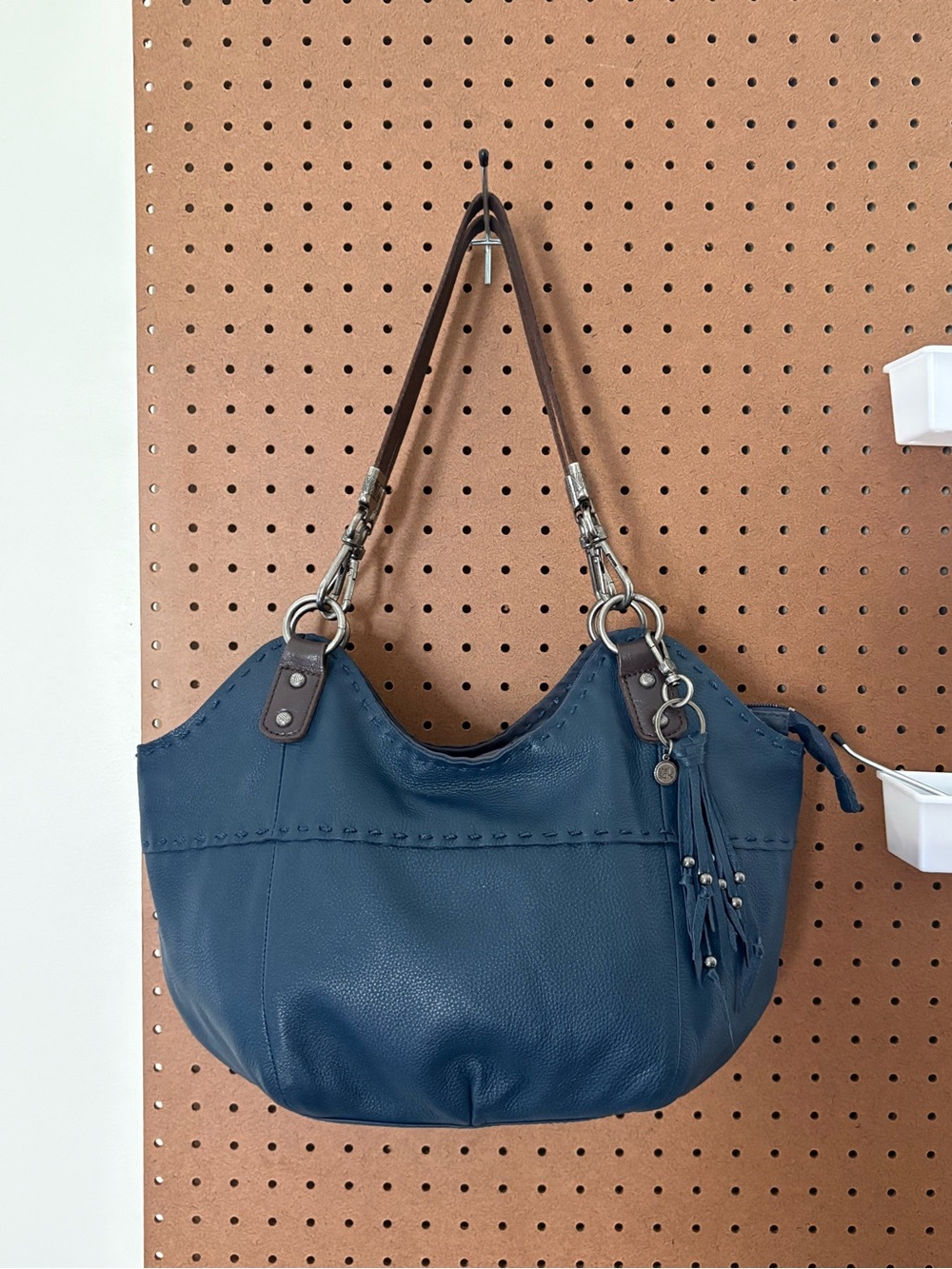 THE SAK 16" Solid Blue Leather Bag Vintage Brown Strap Handbag